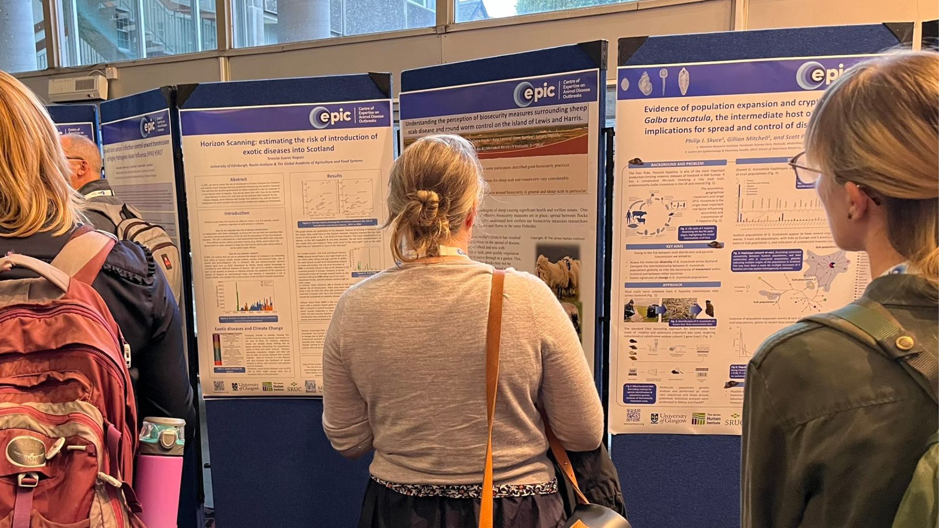 scientists looking at posters